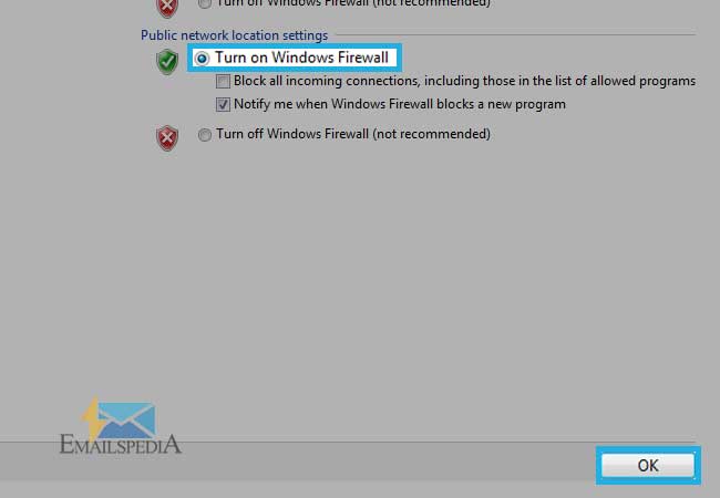 Turn off Windows Firewall and click OK button