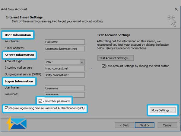 comcast email server settings outlook