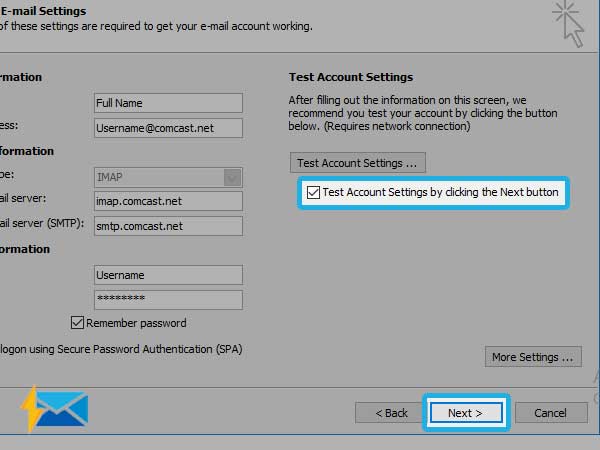 comcast email setup for outlook 2010