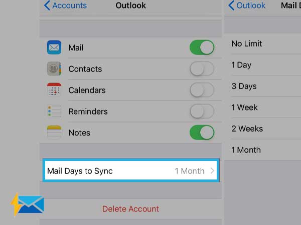 Enable “Mail Days to Sync” on Outlook settings