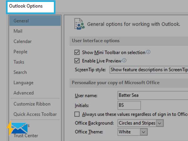 Outlook options in Outlook account