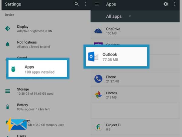 Open “Device”, then “Apps” and Select “Outlook” on Android 
