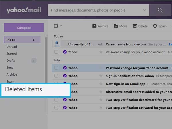 select “deleted items” on Yahoo 