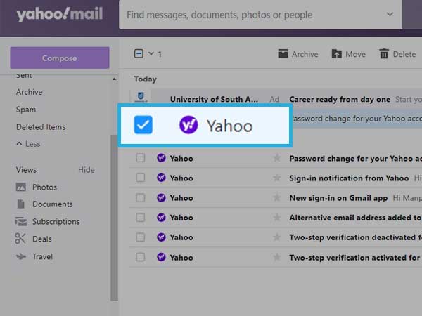 select Yahoo email you want to delete