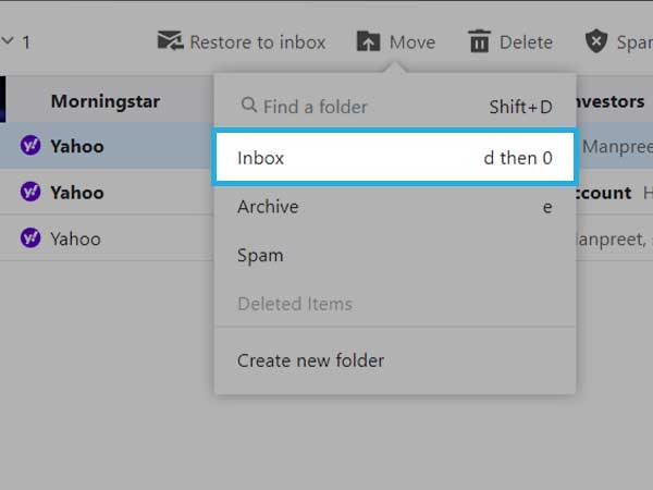 move deleted Yahoo email to Inbox