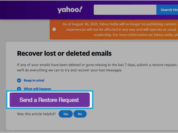 send restore request to Yahoo 
