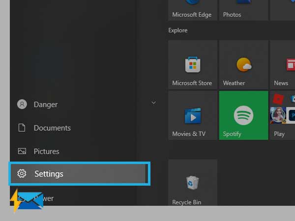 Settings Option from the Start Menu