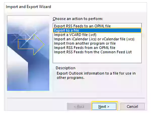 Select Export option & click Next.