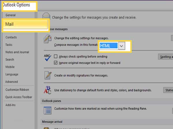 Choose Options then, click on Mail to choose HTML or Plain Text option under the Compose Messages section.