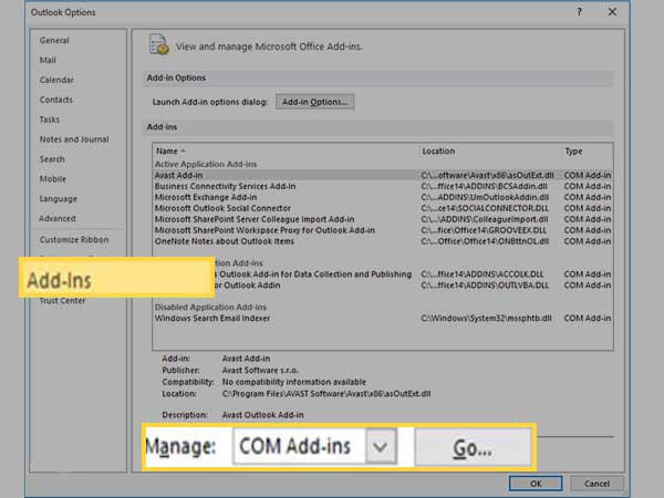 Inside Add-Ins section click on COM Add-ins option under the Manage section and then click on Go button.