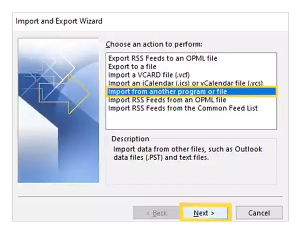 Select the Import option click on Next.