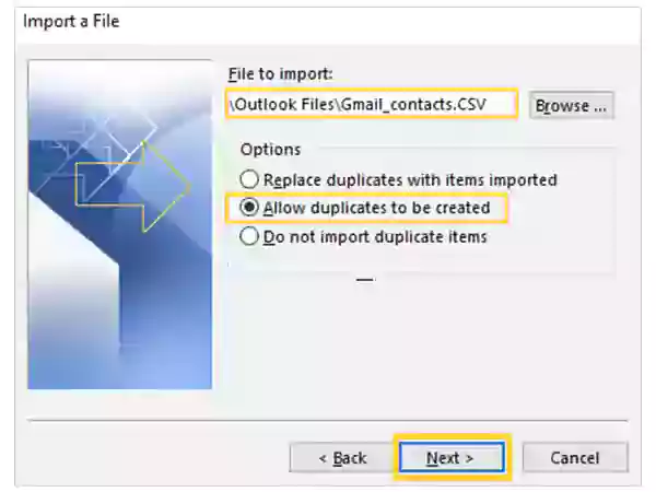 Browse the file and select an importing option.