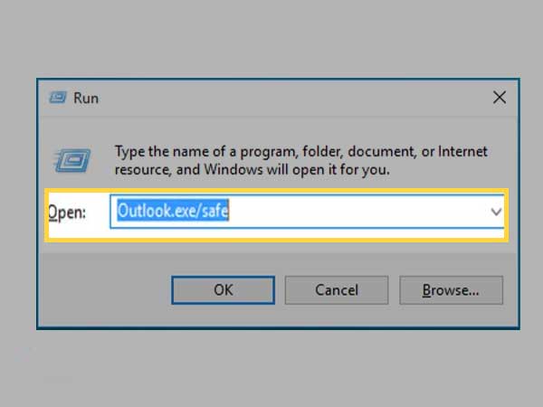 Type ‘Outlook.exe/safe’ in the command box and hit Enter.