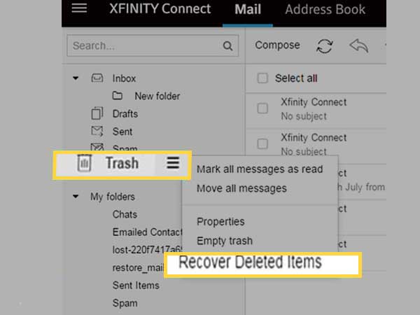 Right-click on the Trash folder and select the option Recover deleted items from the contextual menu list.
