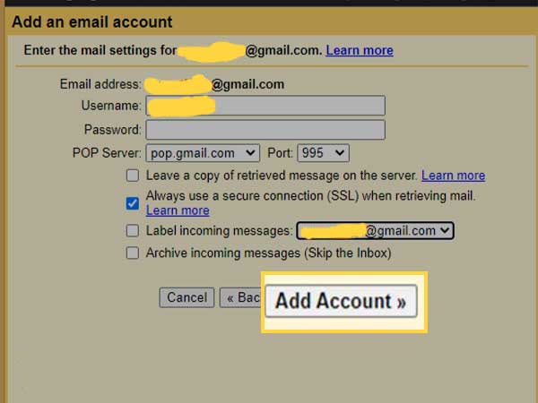 Gmail account POP server