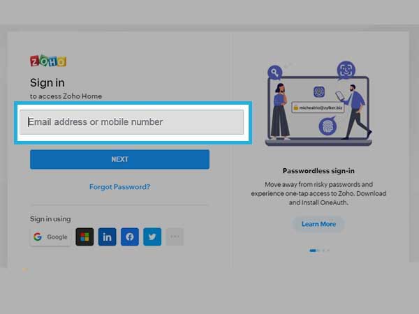 enter Zoho mail address