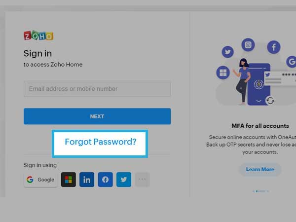 Zoho mail Forgot password 