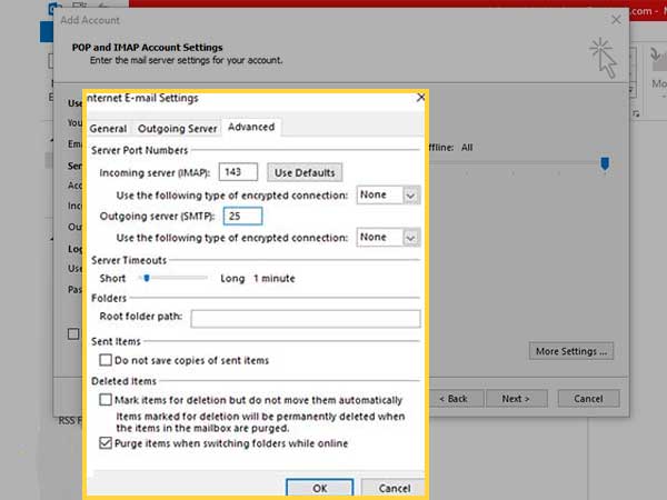 Outlook Server Port Setup page