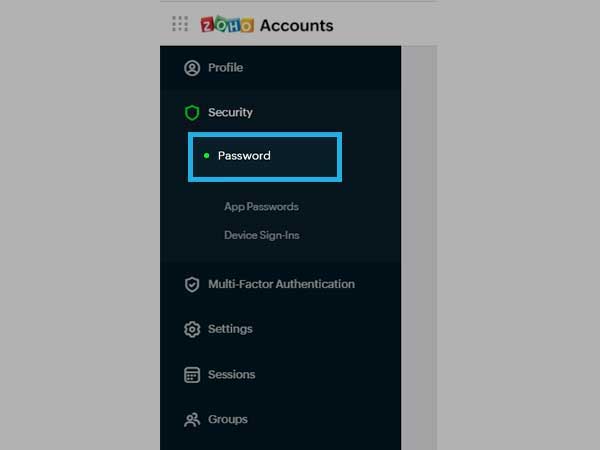 Select password option from Security menu