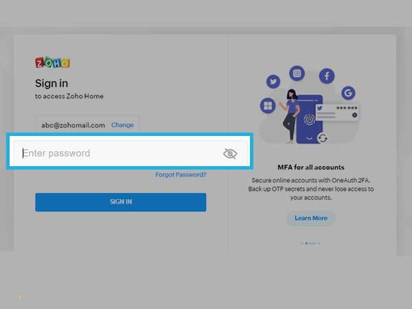 enter your Zoho mail password