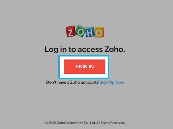 Zoho mail sign-in page