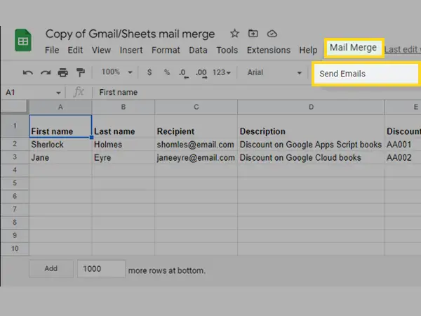 Click on Mail Merge and select Send Emails