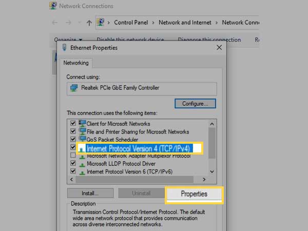 Select Internet protocol version 4 and Click on Properties