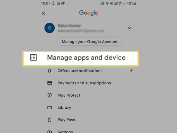 tap on Manage apps and device