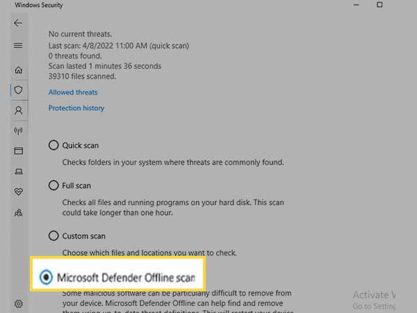 Select Microsoft Defender Offline Scan