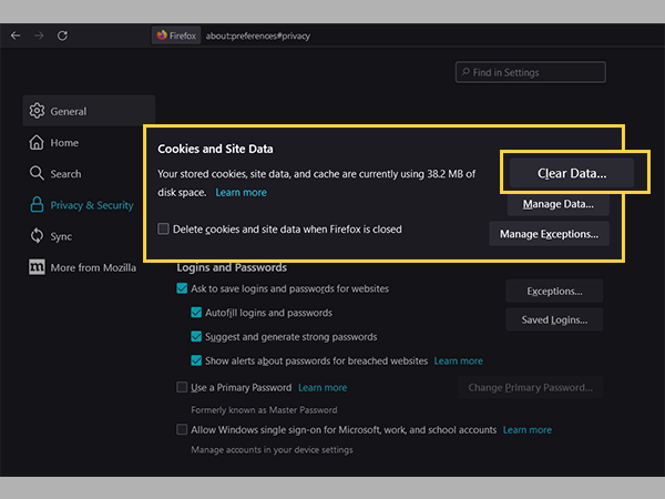 Go to the Cookies and Site Data section and click on Clear Data.