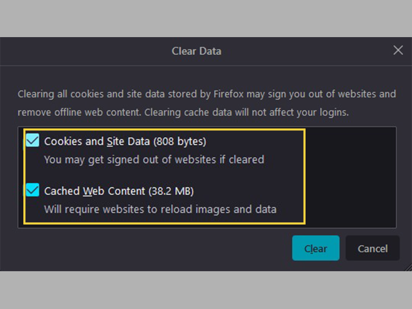 Select Cookies and Cache option.