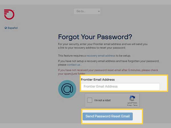 Enter your Frontier email address and click on Send Passwrod Reset link