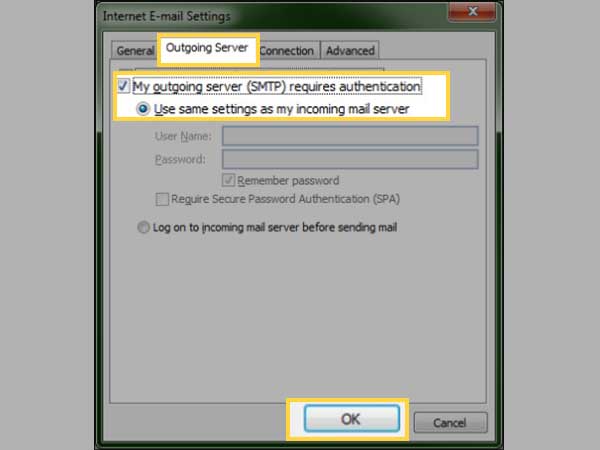 In outgoing server tab, select the authentication option and click OK