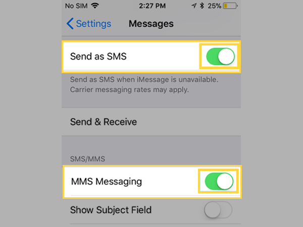 Turn on Send as SMS and MMS Messaging.