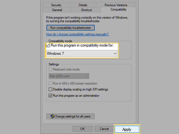 Select the Compatibility mode option and then select Windows 7