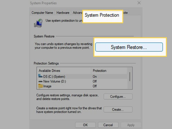 Switch to System Protection and click on System Restore