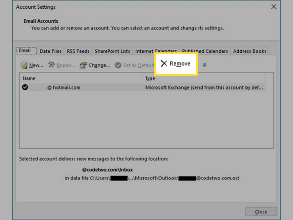 Click on the Remove button to delete your Hotmail account from Outlook