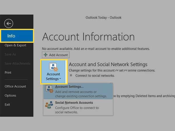Switch to Info, click Account Settings menu and select Account Settings