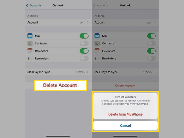 Tap on Delete Account to remove your Hotmail account from the Mail app