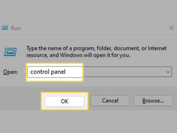 Type Control panel and click OK.