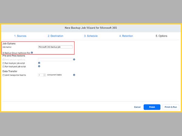 Outlook backup options page