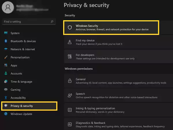 Click on Privacy and Security and select Windows Security.