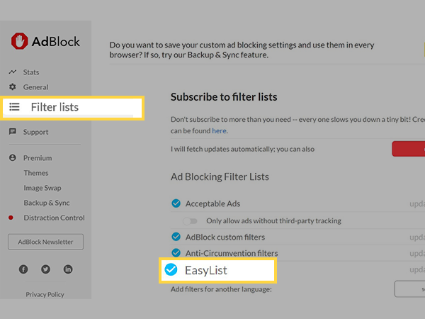 Click on Filter Lists and then check EasyList