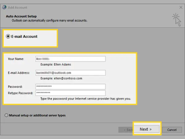 Select E-mail Account, fill in your info and click Next