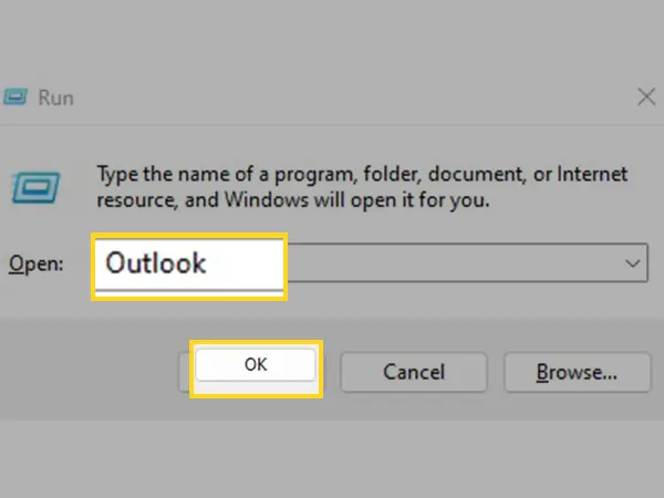 Type Outlook in Run and click OK.