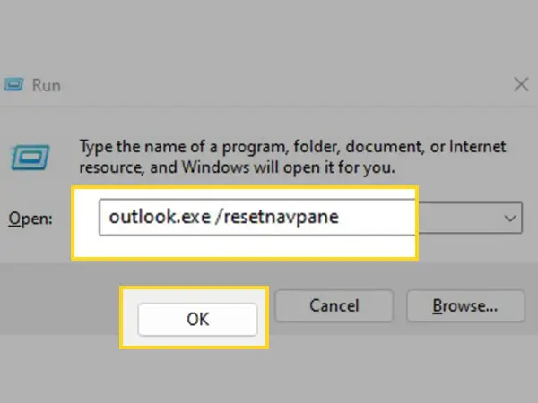 Type outlook.exe /resetnavpane and click OK.