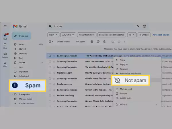Right-click on the email in Spam and select Not Spam