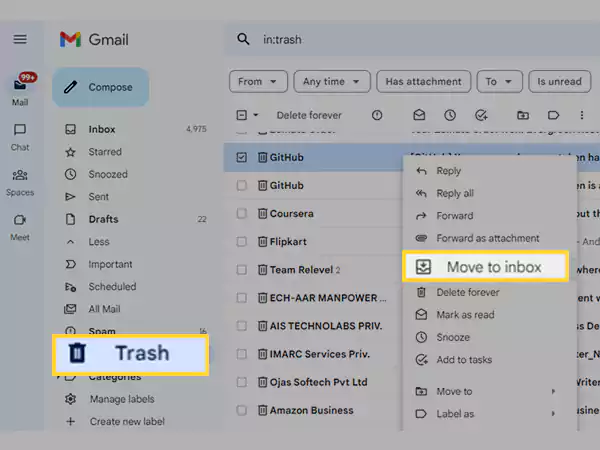 Right-click on the email in Trash and move it to Inbox