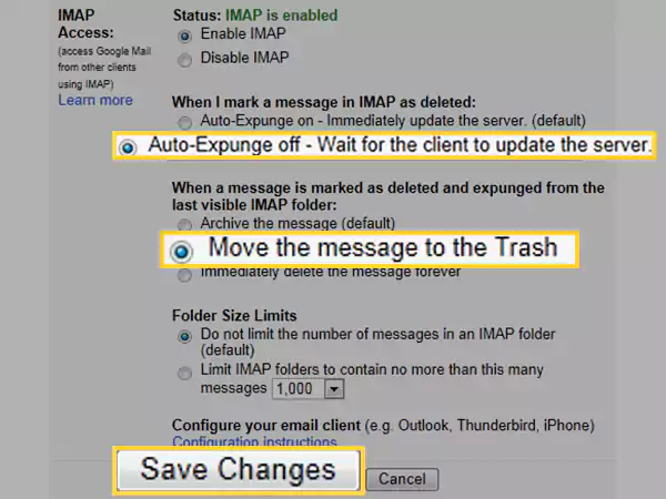 Select stated IMAP options