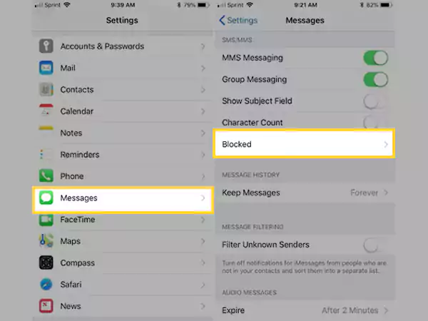 Tap on Messages and then select Blocked